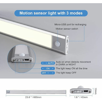 Regleta LED con sensor movimiento 240mm USB