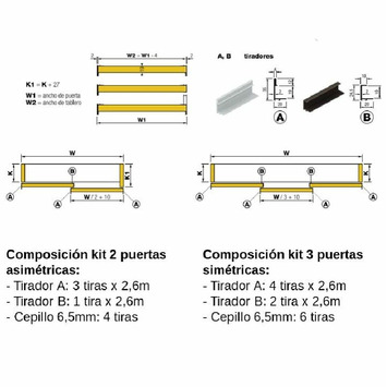 Kit tiradores 2 puertas plata mate asimétrico