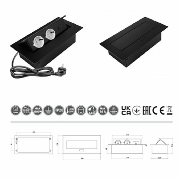 Enchufe embutir encimera 2 corriente 2 USB negro