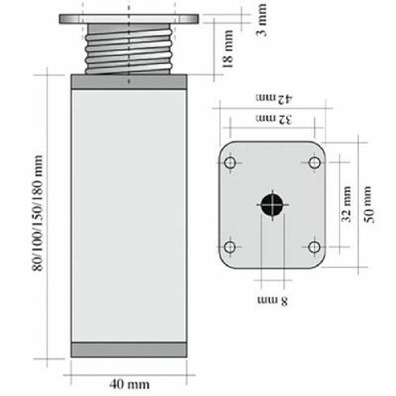 Pata cúbica regulable H150mm 40x40 aluminio mate