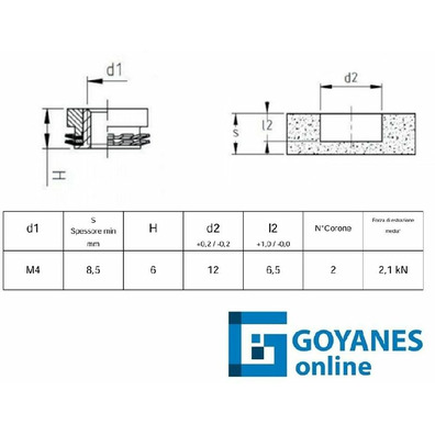 Inserto compacto/solid 2 coronas M4x6 d12mm 6,5mm