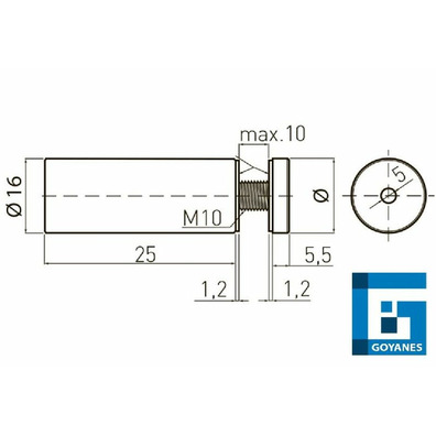 Soporte fijación vidrio acero inoxidable 16mm M10