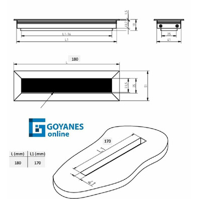 Pasacables aluminio anodizado negro 45x180mm